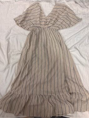 Cost Plus World Market Beige Maxi Dress with Navy Dot Stripes